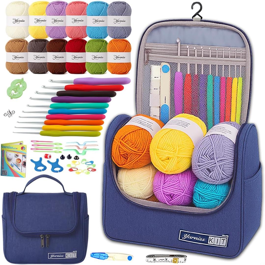 Yarniss Crochet Kits for Beginners,All in One Crochet Kits with 840 Yards Crochet Yarn,Ergonomic Crochet Hooks Set with Yarn for Adults,Navy (10 Size, Blue)