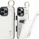 Folosu for iPhone 16 Pro Max Wallet Case with Card Holder, Hand Wrist Strap Loop Holder Kickstand, RFID Blocking Finger Grip Ring PU Leather Double Buttons Shockproof Cover 6.9" White