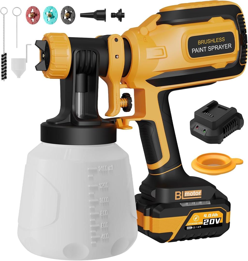 Cordless Paint Sprayer with Brushless Motor, HVLP Spray Gun with 20V 4.0Ah Battery, 1400ML Container, Easy to Clean & Setup, Electric Paint Sprayer for House Painting, Cabinets, Fences, Wall, DL05S