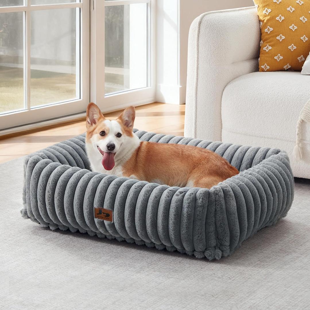 Washable Dog Bed for Small Medium Dogs - Rectangle Orthopedic Corduroy Fleece Pet Bed with Removable Cover and Nonskid Bottom, Calming Puppy Bed Soft Pet Sofa, Grey(30x24x8inchs)