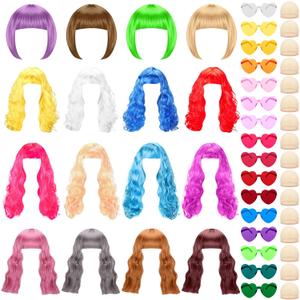 48 Pcs Colored Wig Set,16 Pcs Wigs and Cap Set with Heart Shape Sunglasses,Long Curly Wigs,Short Bob Hair Wig for Bachelorette Neon Party Favors
