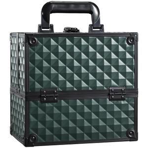 FRENESSA Makeup Case Makeup Box Cosmetic Train Cases Portable Make Up Artist Travel Case Storage Box 4 Trays with Dividers Lockable Hard Makeup Box Craft Nail Kits Case Drak Green (Vintage Dark Green)