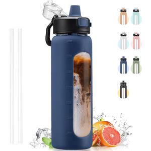 Kodrine Water Bottle With Straw and Carry Handle, Glass Water Bottle 24 oz Leak Proof Locking Lid with Soft Silicone Spout, Reusable Drinking Cups for Travel Sports with Time Marker,Navy Blue