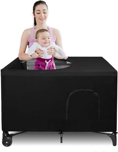 FALESOUL Crib Blackout Cover for Pack N Play, Travel Crib Cover, Breathable Foldable Baby Bed Cover with Safety Vents, Portable Crib Sunshade for Indoor Outdoor Black