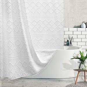 Extra Long White Textured Woven Fabric Boho Shower Curtain with Tassels 72 x 78 Modern Farmhouse Minimalist, Tufted Chevron Striped Shabby Chic, Water Resistant Cloth Curtain for Bathroom, Hotel Decor