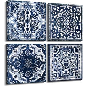Bedroom Decor Canvas Wall Art Flower Pattern Prints Bathroom Abstract Pictures Modern Navy Framed Wall Decor Artwork for Walls Hang for Bedroom 4 Pieces Wall Decoration Size 14x14 Each Panel, 14144 Inches