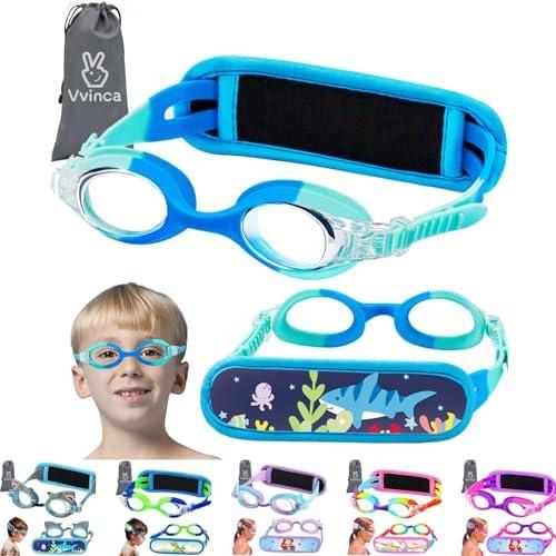 Vvinca Kids Swim Goggles with Fabric Strap No Tangle Pain-Free, Anti-Fog Swimming Pool Goggle No Leak for Toddlers Girls Boys