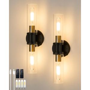 Battery Operated Wall Sconce Set of 2, Modern Rechargeable Wall Lights, Dimmable Cordless Sconces with 4 Bulbs Indoor for Living Room, Bedside, Bathroom, Black Gold 2 Pack(Include 4 Specia Bulbs)