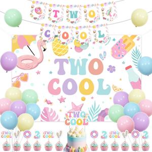 Funmemoir Pool 2nd Birthday Party Decoration Girl, Two Cool Birthday Party Decoration Backdrop Banner Cake Cupcake Topper Latex Balloon for Summer Swimming Beach Second Bday Decoration