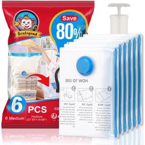BoxLegend Vacuum Storage Bags with Hand Pump 6 Medium 19.68x27.56 Thickened Vacuum Seal Bags for Clothing Bed Sheets Pillowcases Compression Space Saving for Luggage, Backpack, Suitcase