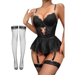 Lilosy Sexy Stocking Rhinestones Heart Garter Underwire Floral Mesh lace Sheer Babydoll Lingerie Teddy Bodysuit Skirt Set M