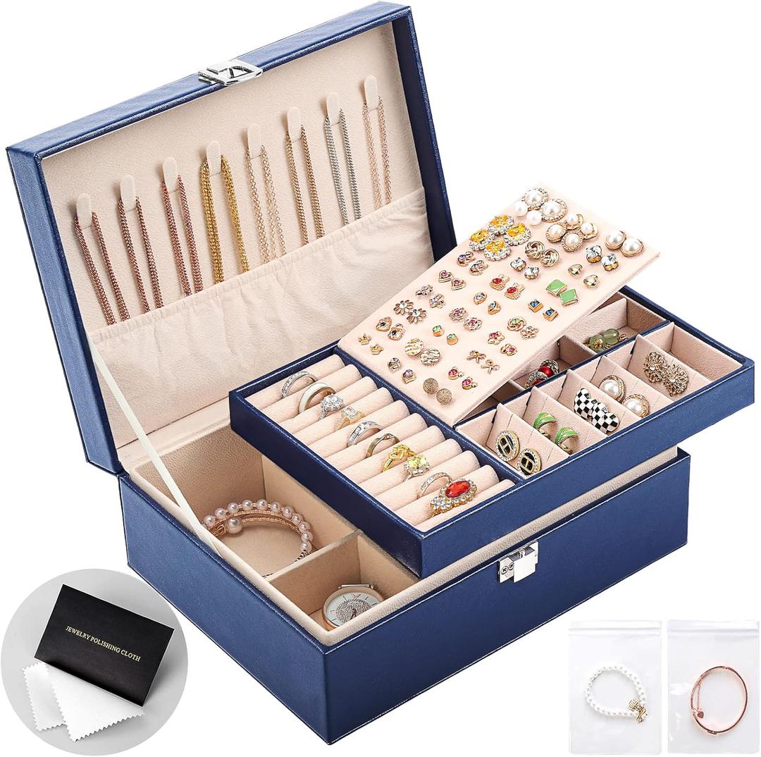 Jewelry Organizer Box PU Leather Jewelry Box for Girls Womens Earring Organizer Boxes 2 Layer Large Jewelry Storage Case Removable Tray for Necklace Earring Ring with Polishing Cloth and Jewelry Bags (Royal blue)