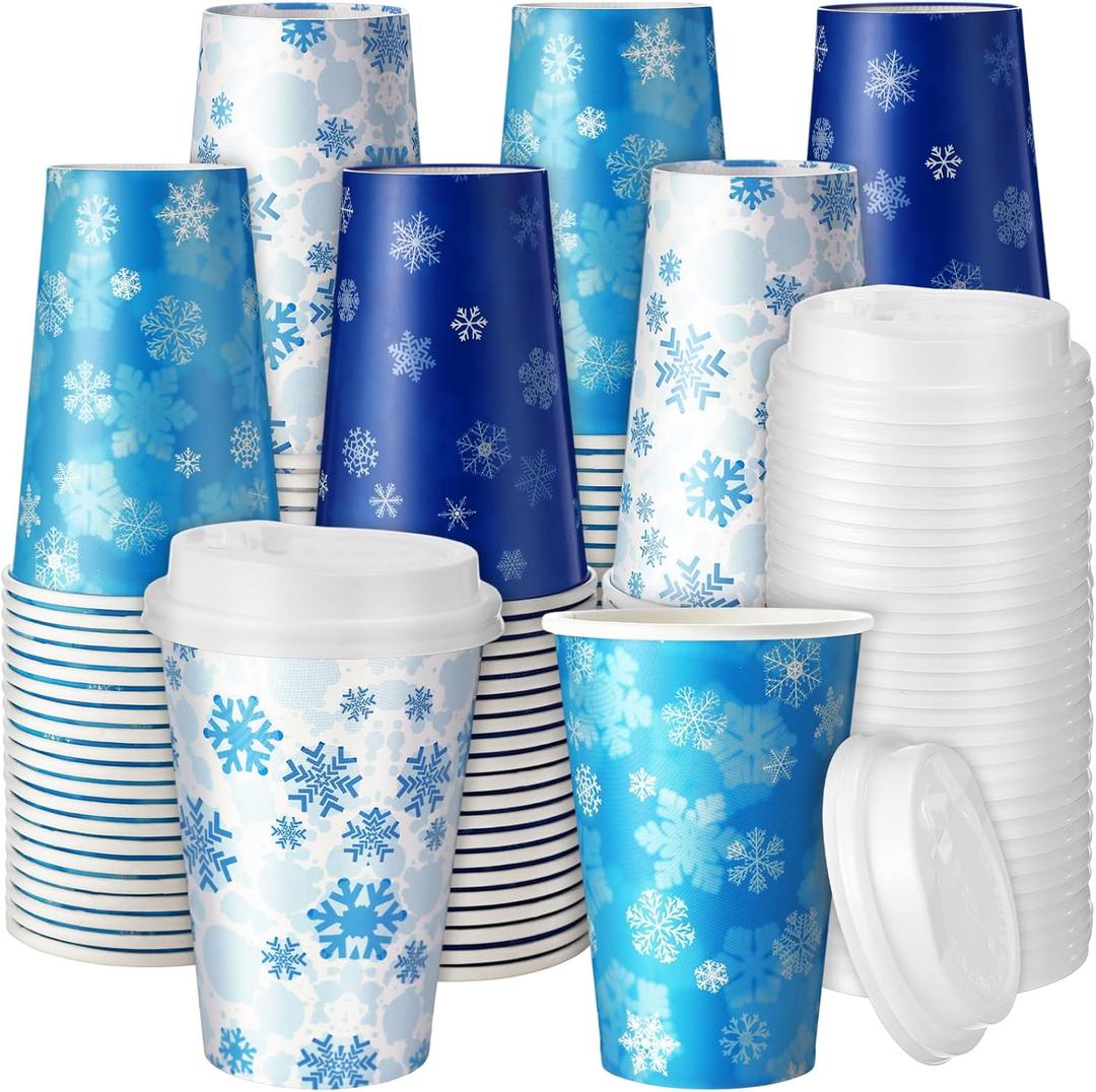 Jingmore 60 Pcs Disposable Snowflake Coffee Cups with Lids Winter Coffee Cups Bulk Insulated Drinking Tea Paper Drinkware for Winter Holiday Travel Home Party Supplies (12 oz)