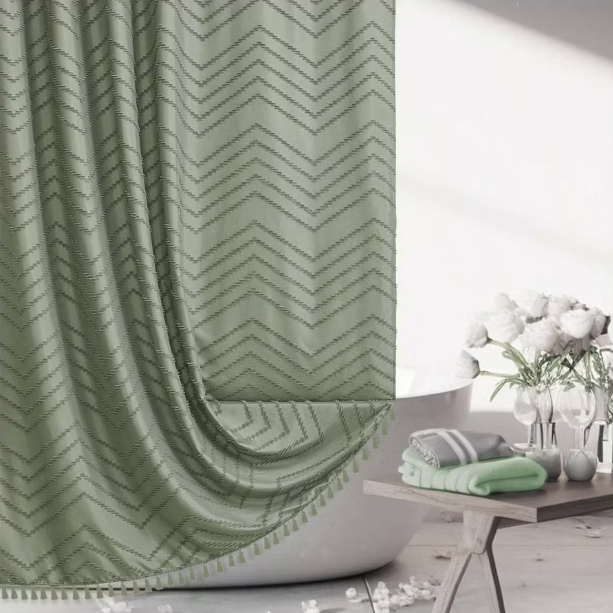 Sage Green Shower Curtain Bathroom Boho Textured Tufted Elegant Waterproof 72 inchx 72 inch -Green standard 