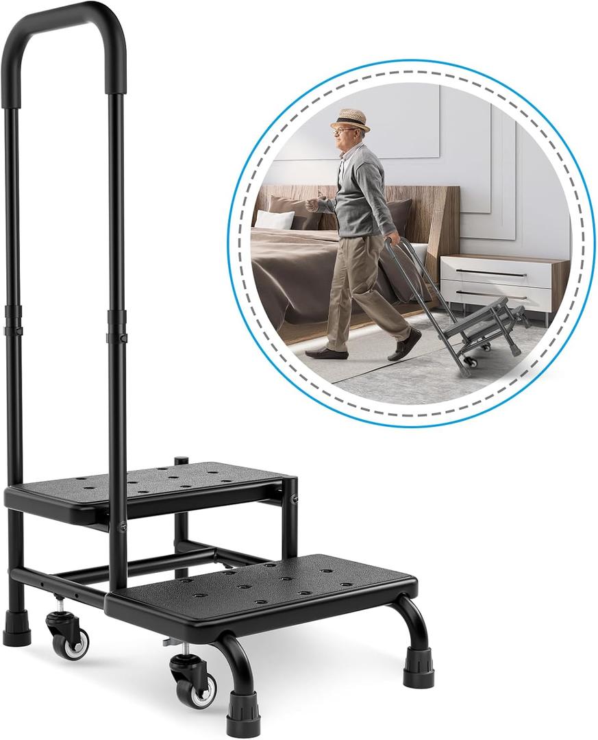 FORTEMOTUS Step Stool with Handle for Elderly with Wheel - Heavy Duty Bed Steps for High Beds for Adults with Adjustable Handle, Portable Foot Stool Ladder for Bedside, Kitchen, Car, RV, Bathtub (Dark)