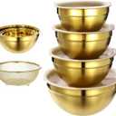 5 PCS Golden Mixing Bowls, Stainless Steel Salad Bowls with Airtight Lids, Mirror Finish Nested Mixing Bowl Set with Mesh Strainer, 4 Bowl Sizes for Baking, Meal Prep, Food Serving