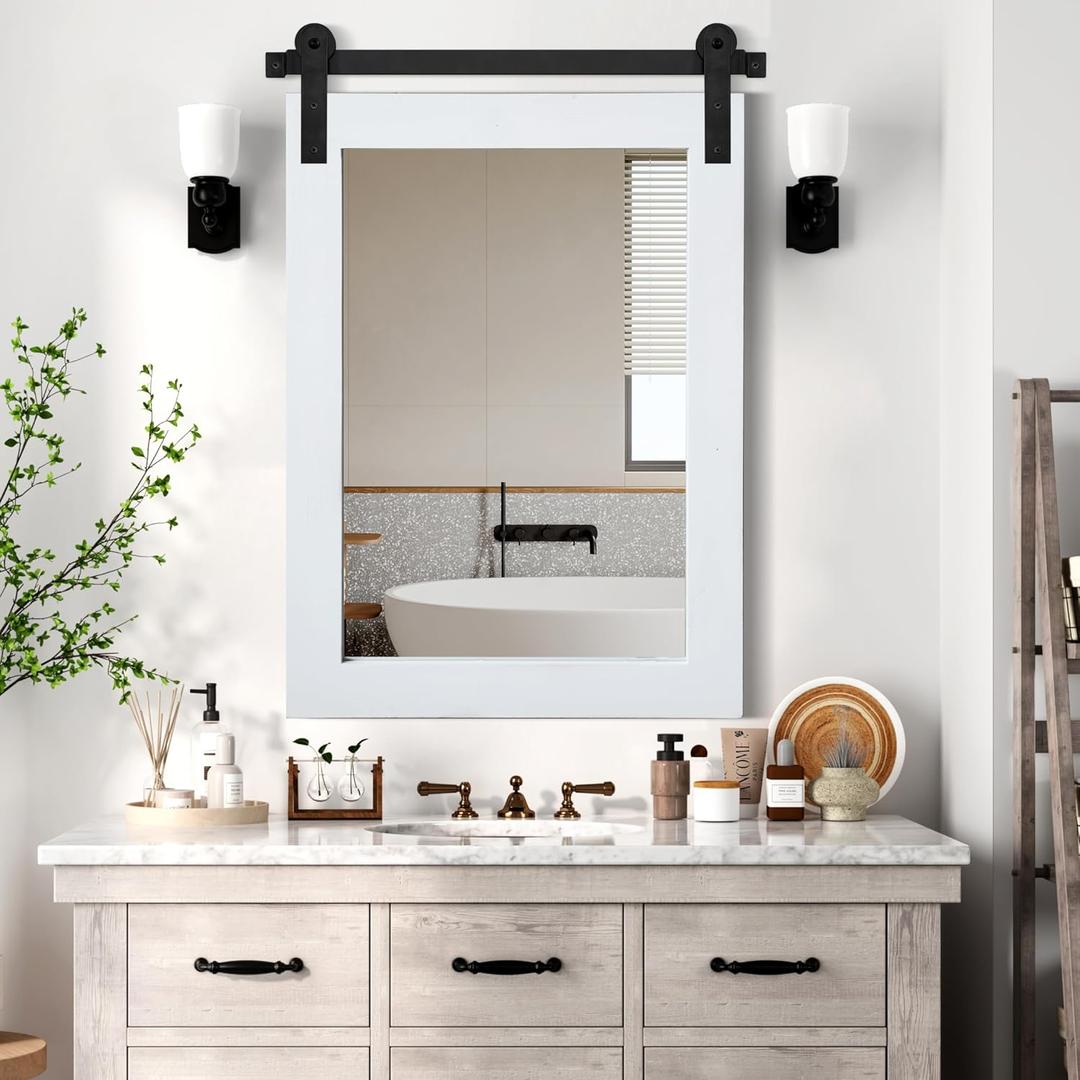 COGOOD Farmhouse Barn Door Mirror - 25 x 38 Rustic Bathroom Mirror for Living Room, Entryway, Vanity Wall Decor (Pure White) (38"L x 25"W)