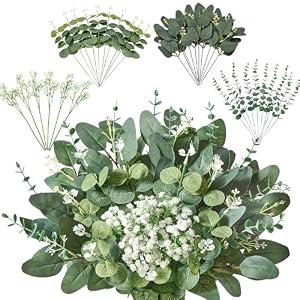 Faylifeway 36 PCS 4 Kinds Mixed Artificial Greenery Stems,Baby Breath Flowers Artificial Bulk with Fake Eucalyptus Stems for Wedding Vase Bouquet Home Floral Decor