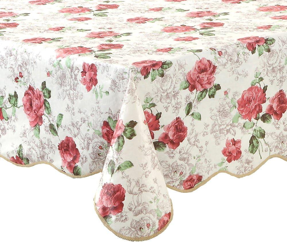 Floral Vinyl Tablecloth with Flannel Backing  60 x 90 Inch Wipeable Rose Print Table Cover for Dining Table, Kitchen or Parties  Waterproof, Durable Elegant for Indoor Outdoor Use