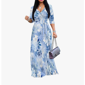 PinkPatty Summer Trendy Dress for Women Casual 3/4 Sleeve V Neck Printing Maxi Dress Elegant Wedding Guest Sundress with Belt, Size: Medium