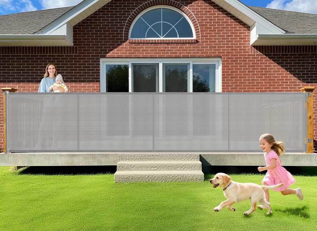 EZIGO Retractable Baby Gates Extra Wide Baby Gate for Large Opening Extra Long Mesh Gate for Kids or Pet Dog Gate Child Safety Gate for Stairs Hallways Doorway Indoor Outdoor (Gray, 41'' X 196'')