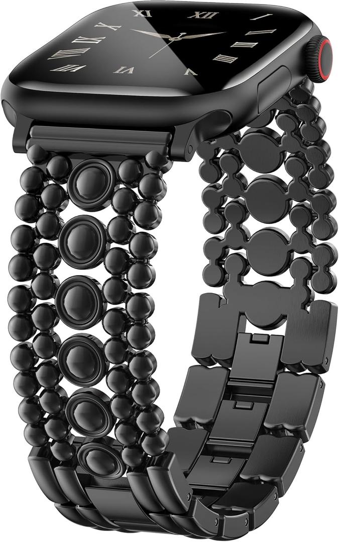 Minyee Compatible with Apple Watch Band 42/46/38/40/41/44/45/49mm Women, Dressy Pretty Stainless Steel Metal Strap Fancy Studded Designer Link Bracelet for iWatch Series 11 10 9 8 7 6 5 4 SE/Ultra 3 (Black)