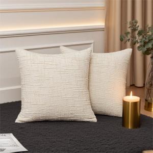 Set of 2 Decorative White Throw Pillow Covers 20x20 No Cusion Inserts, Boho Pillow Cases for Couch Sofa Bed Living Room, Soft Textured Chenille Case with Zipper Gift Home Deco, Creamy-White