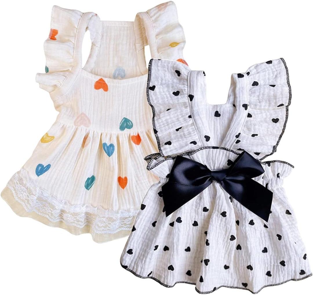 QWINEE 2pc Cute Heart Pattern Dog Dress Ruffle Trim Princess Dress Cat Vest Dress Lace Trim Summer Dress Pet Clothes for Small Medium Cats Dogs Kitten Puppy Black Multi Large