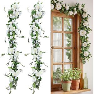 Riceshoot 4 Pcs 6ft Flower Garland with Peony & Rose - Artificial Silk Floral Vine Hanging Fake Roses Vine for Wedding Party Home Decor, Spring Flowers for Arch Table Mantel Decoration (White)