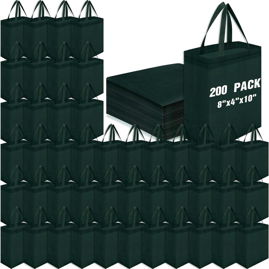 Windyun 200 Pcs Reusable Tote Bag Bulk 8 x 4 x 10 Inch Non Woven Shopping Bag with Handle Christmas Reusable Grocery Gift Tote (Dark Green)