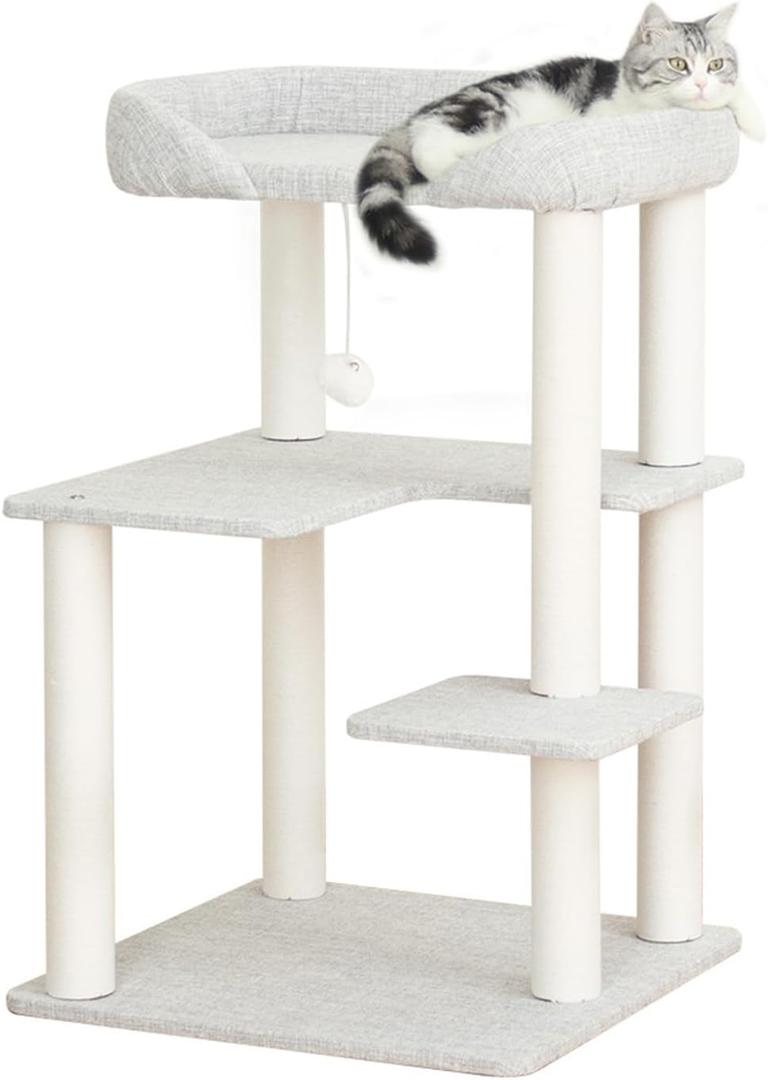 PETTIFUL 37.5" Cat Tree Tower for Large & Senior Cats, Low-Step Design, Light Grey 37.4''