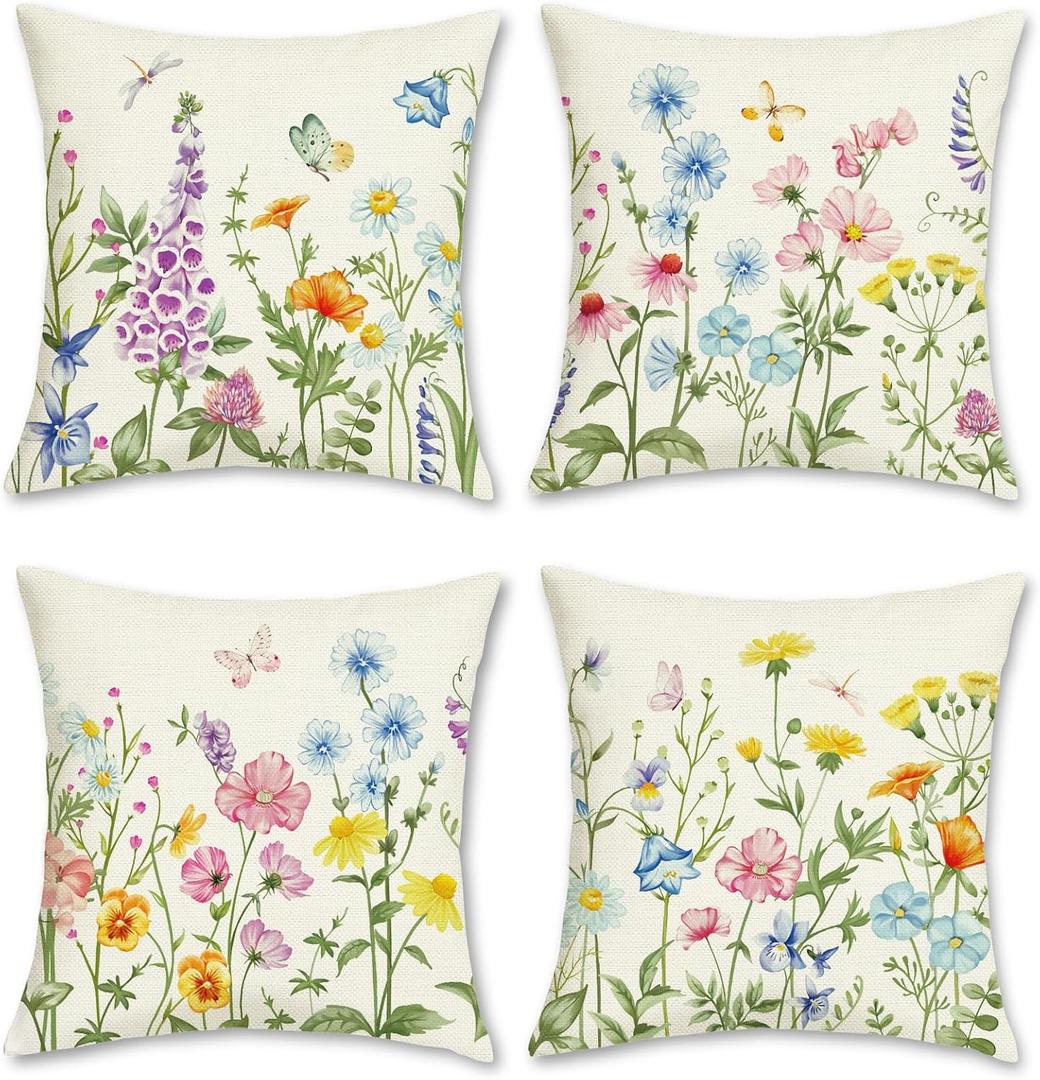 Bonhause Spring Floral Throw Pillow Covers 18 x 18 Inch Colorful Flowers Leaves Decorative Pillow Cases for Couch Sofa Home Garden Outdoor Summer Spring Decor, Set of 4