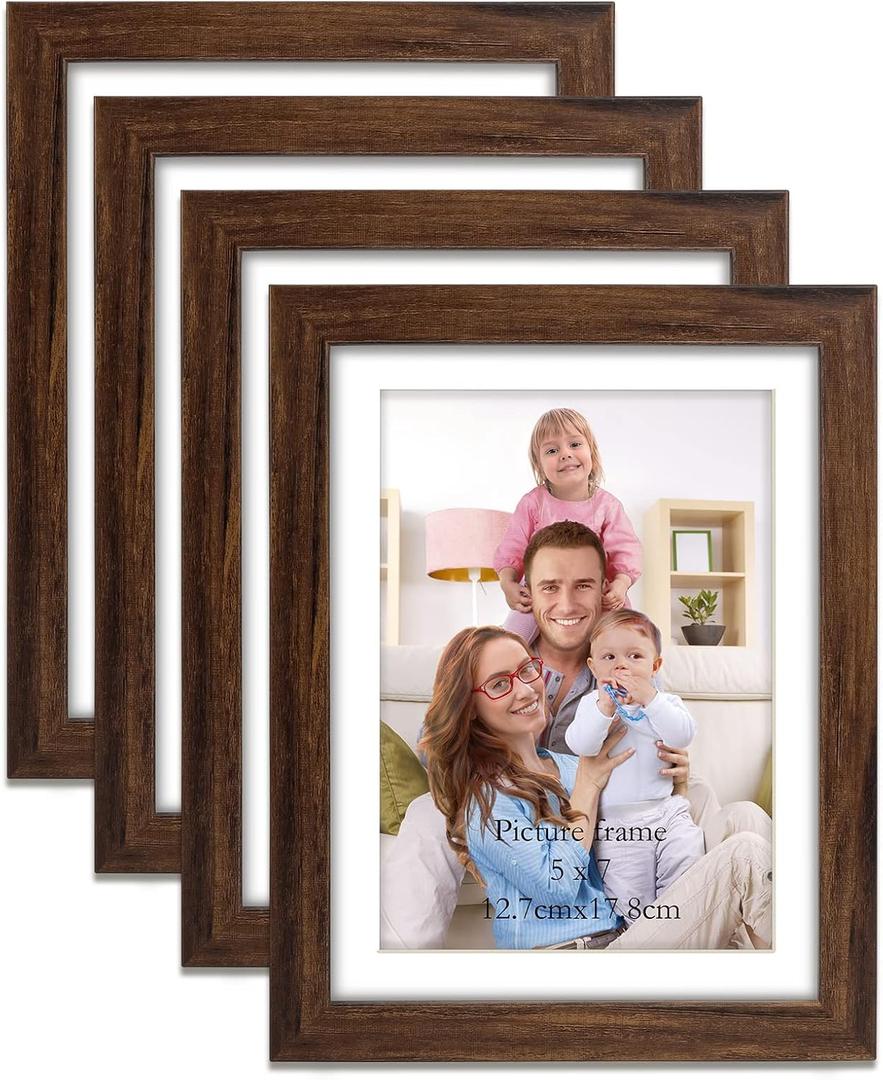 Giftgarden Brown 5x7 Picture Frame Set of 4, 6x8 Matted to 5x7 Photo Rustic Walnut Frames with Mat for Wall or Tabletop