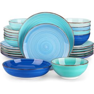 vancasso Bonita Stoneware Dinnerware Sets 24 Pieces Service for 6, Hand-Painted Spiral Dishes Set, Ceramic Kitchen Plates and Bowls Sets-Microwave and Dishwasher Safe (Blue,24 Pcs)