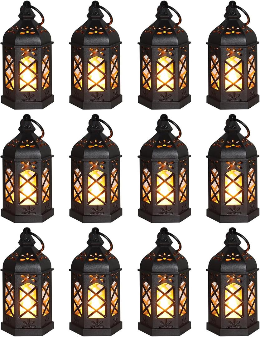 12-Pack Mini Lanterns, Small Candle Lanterns Decorative, Black Tea Light Lantern, Ramadan Eid Decor, Table Centerpiece for Wedding Halloween Christmas, Easter Decorations, Battery Included (5 inch)