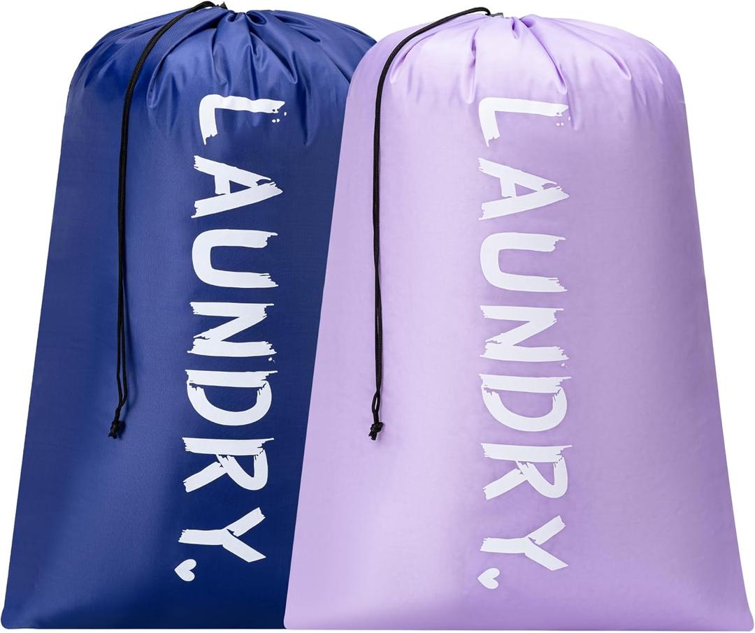 2 Pack XL Travel Laundry Bag, Machine Washable Dirty Clothes Organizer with Drawstring,Large Enough to Hold 4 Loads of Laundry, Easy Fit a Laundry Hamper or Basket Travel Essentials 24" x 36" (Light purple+Deep Blue)