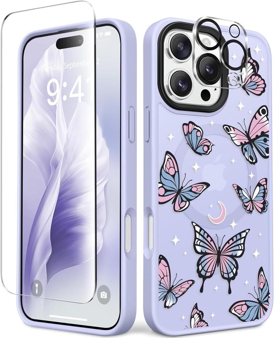 3 x GVIEWIN Magnetic for iPhone 16 Pro Max Case Compatible with Magsafe, [Screen & Camera Lens Protector] Fashion Pattern Translucent Shockproof Phone Cover for 16 Pro Max 6.9" (Starry Butterfly/Purple)