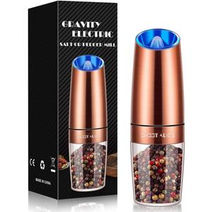 Sweet Alice Gravity Electric Pepper/Salt Grinder, Salt or Pepper Mill, Adjustable Coarseness, Battery Powered with LED Light, One Hand Automatic Operation, Stainless Steel (Single/Copper) (2.5*2.5*7.9inch)