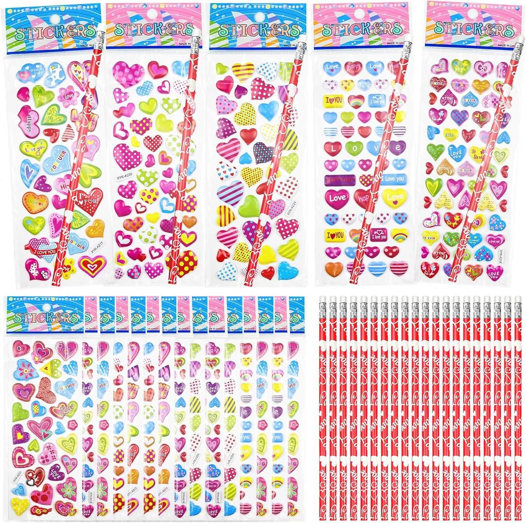 6 x OHOME Valentines Day Gifts for Kids - 44 PCS Stationery Set for School Classroom Exchange - Valentines Day Party Favors for Toddler | Valentines Crafts Treats Games,Includes Pencils,Heart Stickers
