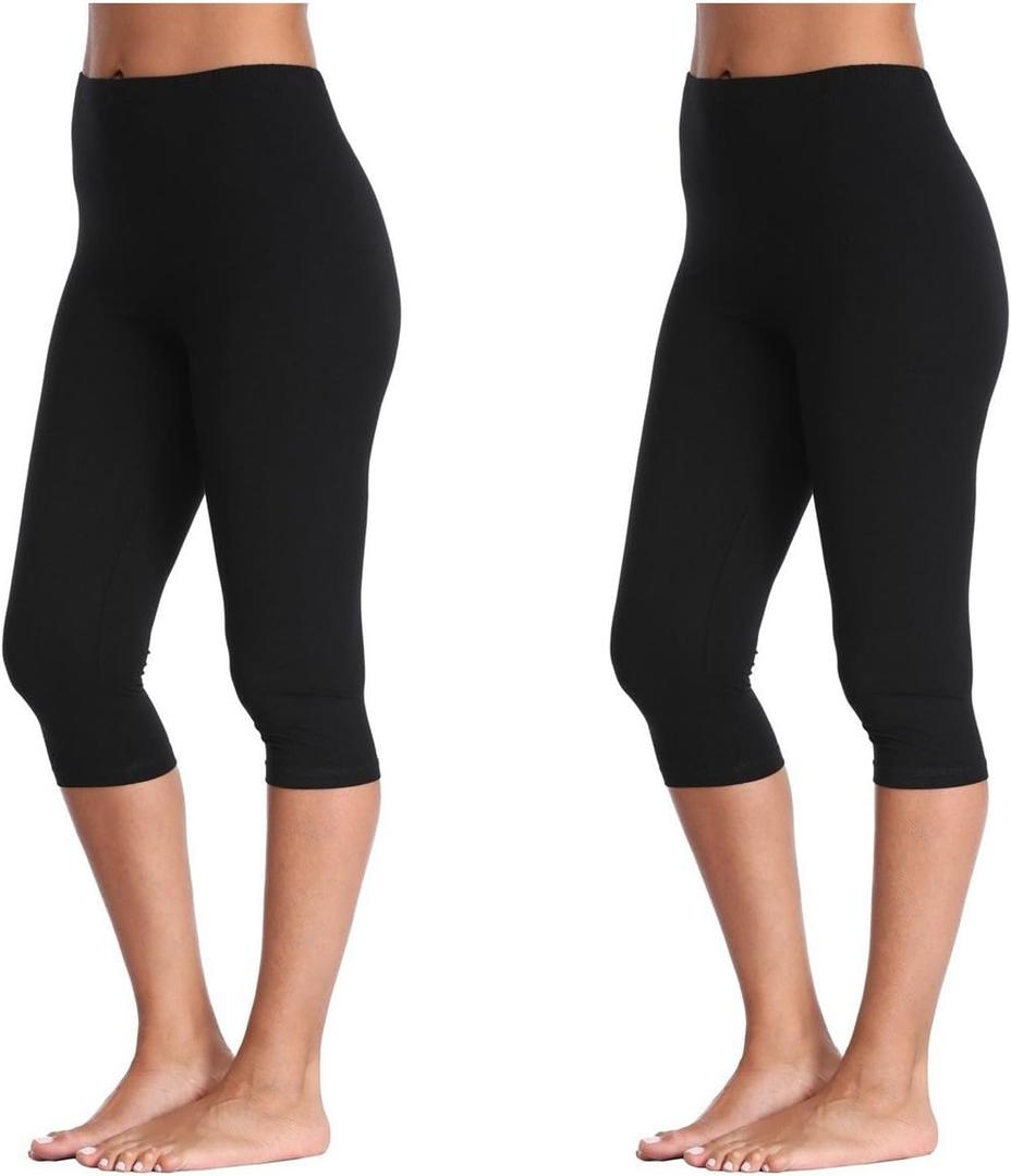 Kotii Women's Lightweight Soft Capri Leggings Crop Leggings 3/4 Stretch Yoga Pants (Large, Black(2Pack))