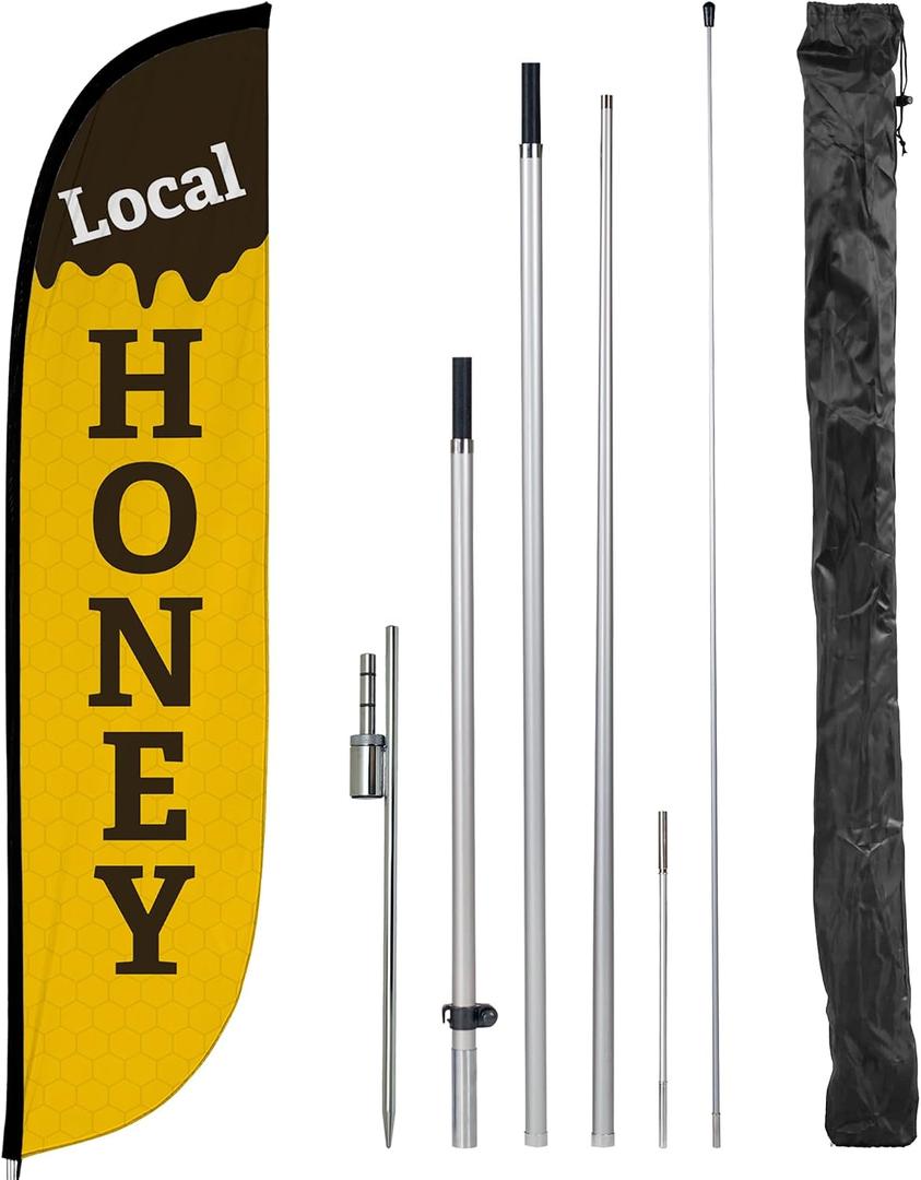 LookOurWay Feather Flag Pole Kit - 12 Feet Tall Advertising Flag Banner with Fiberglass Pole Kit and Ground Spike for Business Promotion - Local Honey | Fiberglass build, ground spike, business promotion