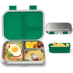 BABHAMNESS Stainless Steel Bento Box Kids, 3 Compartments Leak Proof Metal Bento Lunch Box, 304 Stainless Steel Bento Lunch Containers for School and Office, Dishwasher Safe, BPA-Free-Green