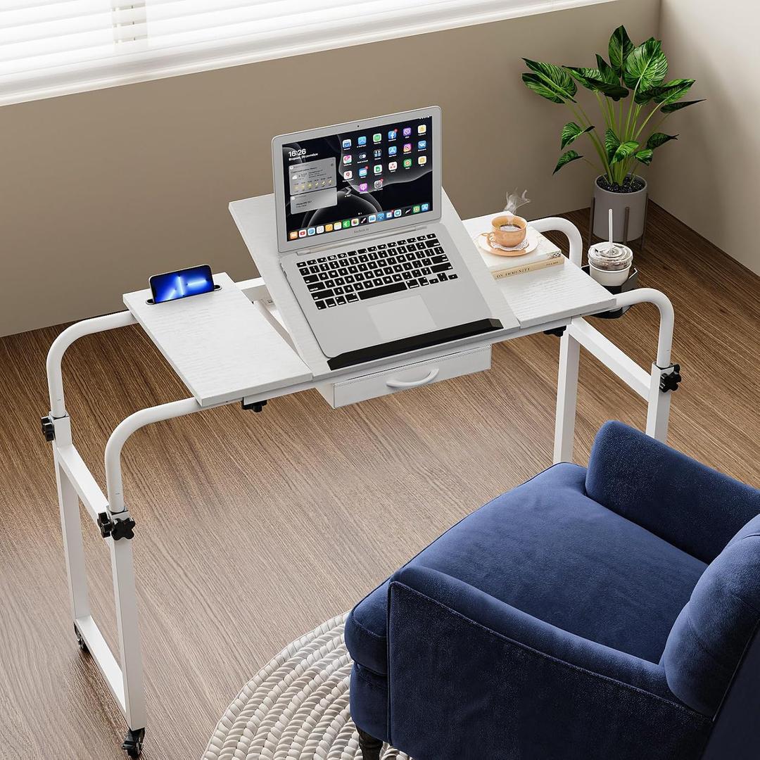 GiftGo Overbed Table with Wheels Rolling Laptop Desk Cart Table Height and Length Adjustable for Hospital and Home Use Over The Bed Table with Storage Drawer and Cup Holder (White, 31.5 to 47)