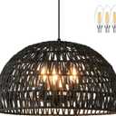 17.6” Black Woven Pendant Lights Boho Chandelier Light Fixture 3-Light Wicker Pendant Lights Rattan Light Pendant Dome Pendant Wicker Light Fixture for Dining Room Bedroom(Bulb Incl.)