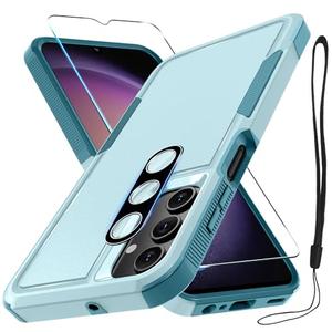 RMOCR Case for Samsung Galaxy A15 5G, Full Body Heavy Duty Rugged Shockproof Protective Phone Cover with Lanyard Strap, Tempered Glass Screen Protector and Camera Lens Cover, Mint Green