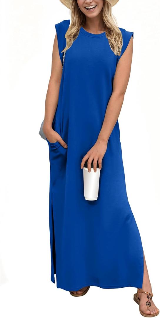 GRECERELLE 2026 Women Year-Round Casual Round Neck Loose Split Wrinkle-Free Long Maxi Vacation Dress with Pockets (XXS-4XL) (Blue, S)