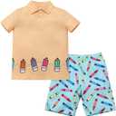 ODASDO Boys Back to School Outfit Pencil Printed Short Sleeve T-shirt Tops and Shorts Set Kids Preschool Kindergarten Clothes (Yellow Blue)