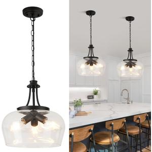 14.2" Modern Pendant Lights Kitchen Island, 3-Light Matte Black Pendant Light Fixtures with Clear Glass Shade, Industrial Hanging Pendant Lights Fixture for Kitchen Island Dining Room Bedroom Entryway