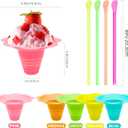 200PCS 8oz Colorful Snow Cone Cups with Spoon Straws,Large Reusable Snack Ice Cream Bowls,Plastic Flower Shaped Shaved Ice Drip Cups for Cookout Food Service Holiday Party Party Summer