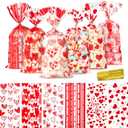 Ohuimrt Valentines Cellophane Treat Bags, 120 PCS Red Heart Valentines Day Gift Bags with Ties, Clear Goodie Bags for Snack Candy Cookie Party Favor Packaging